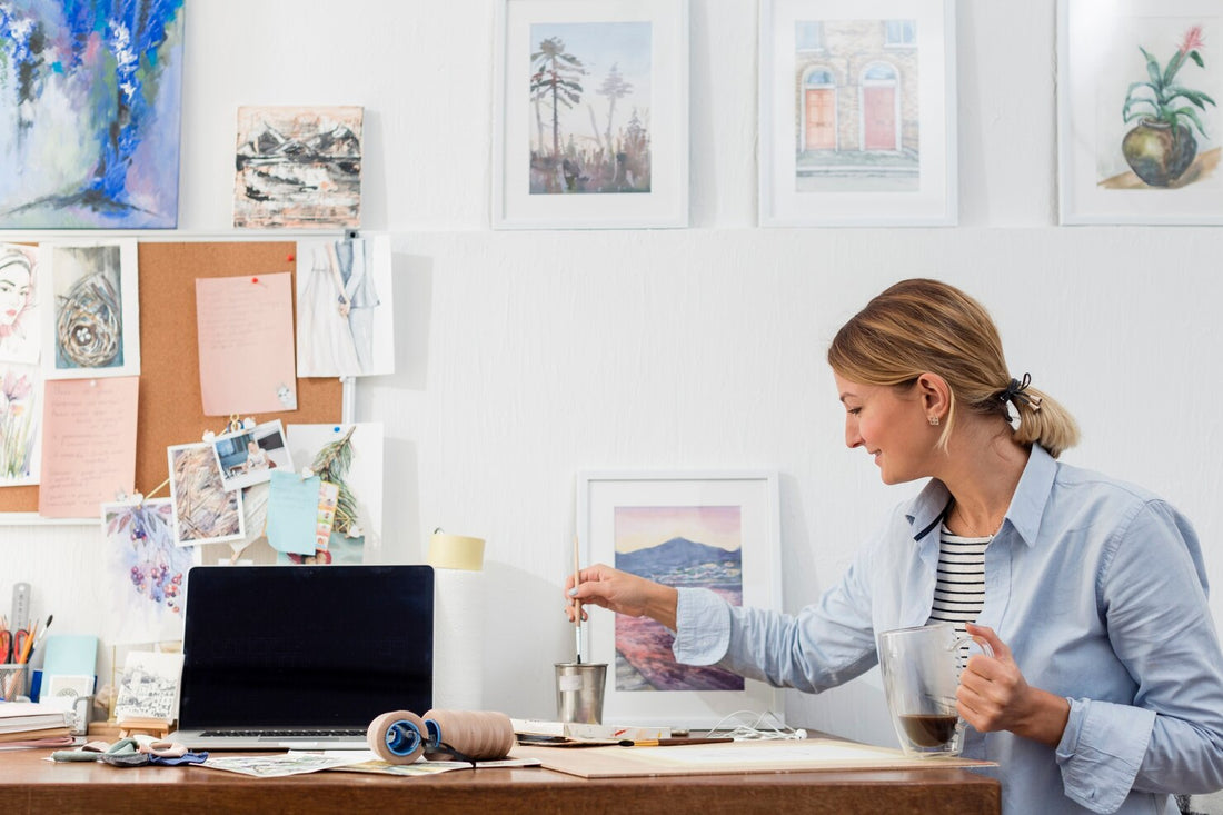 Artist designing prints in home office