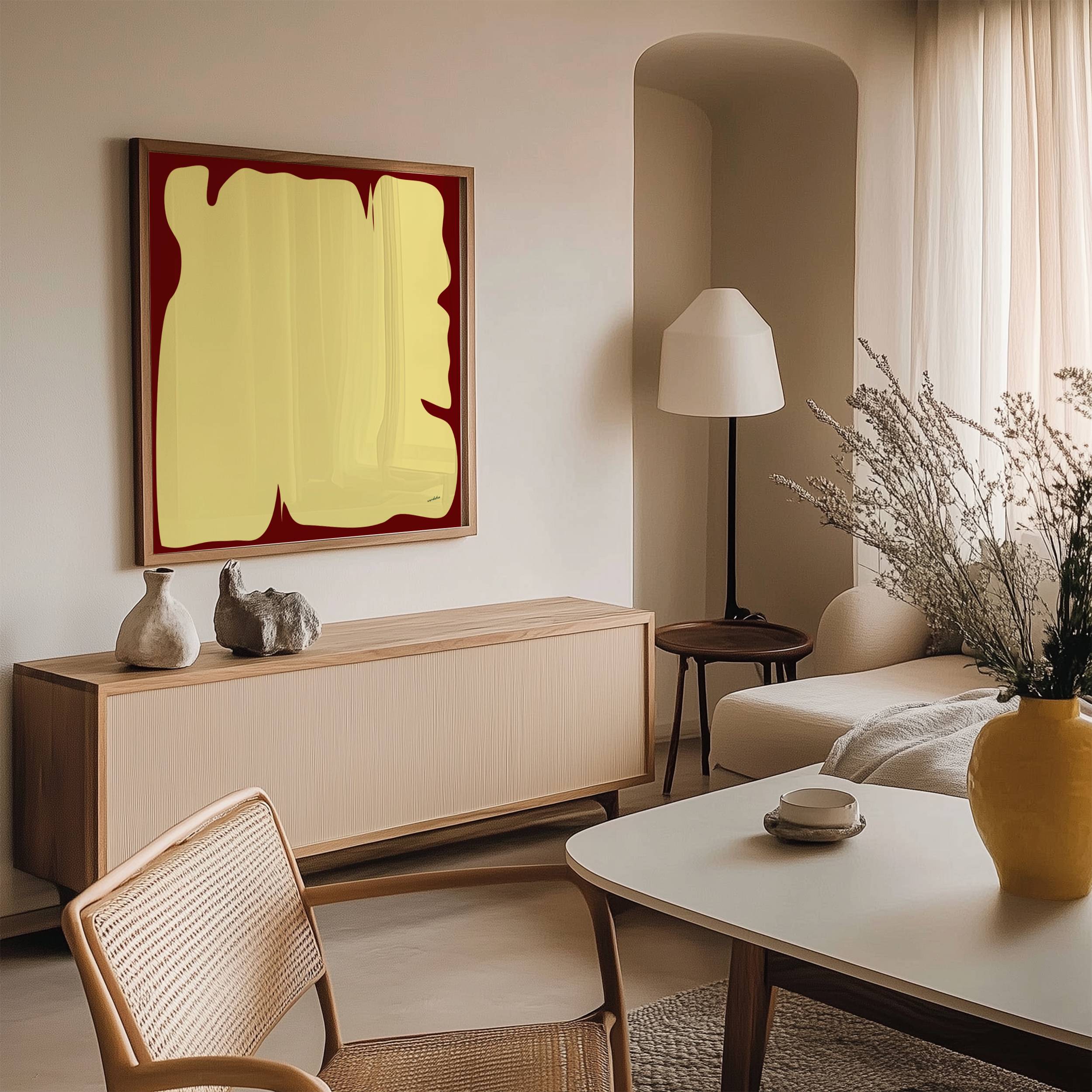 Modern living room with abstract art, furniture, and decor elements.