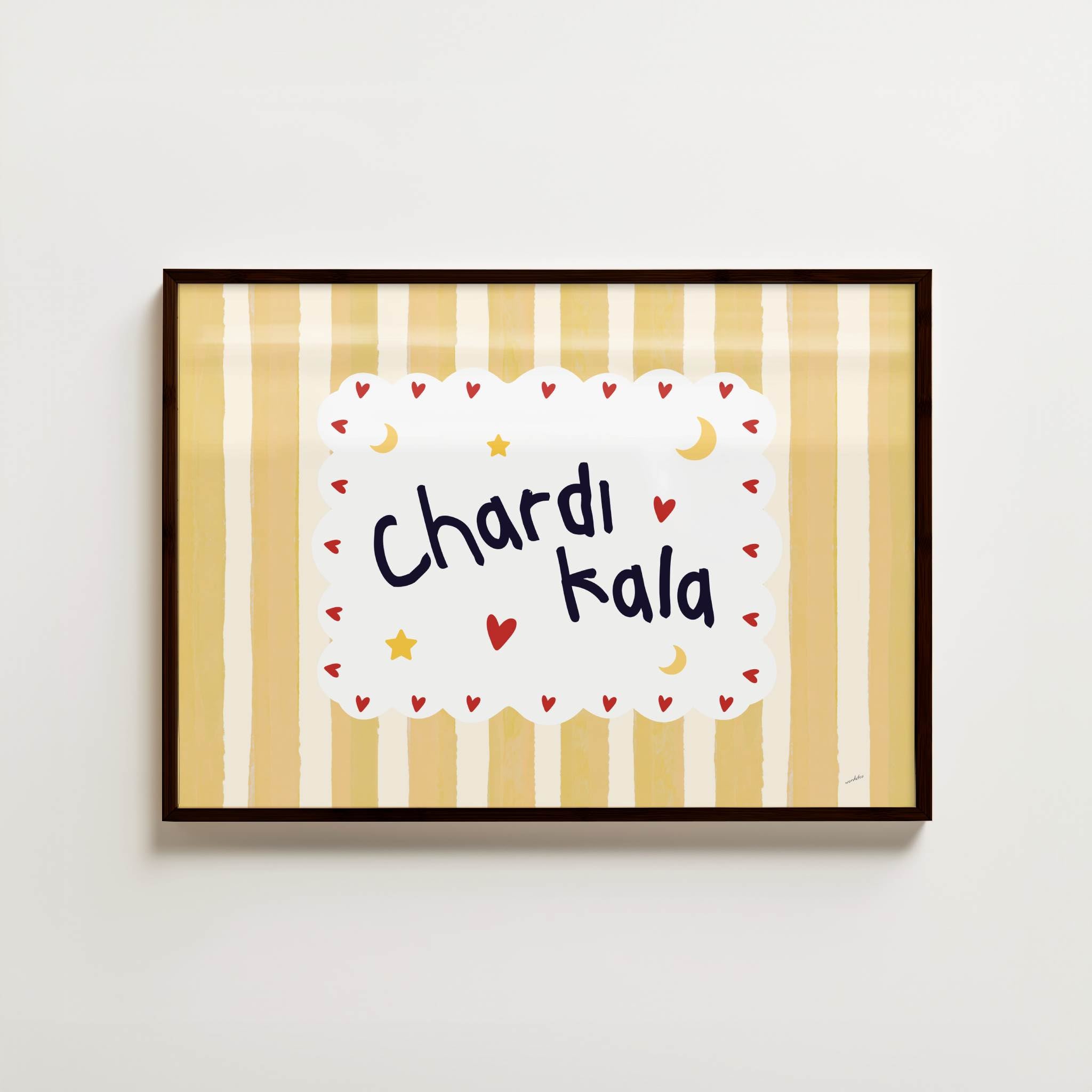 Framed artwork with 'Chardi Kala' text on a striped background