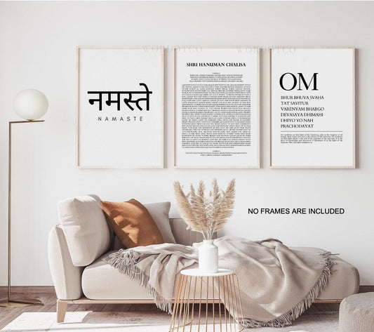 Set of 3 Posters - Gayatri Mantra | Hanuman Chalisa | Namaste